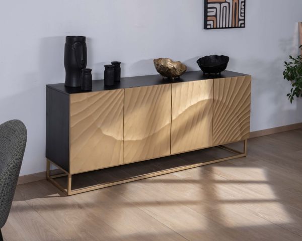 Aparador de 4 puertas dorado y negro «Pop Vintage», de metal y madera maciza