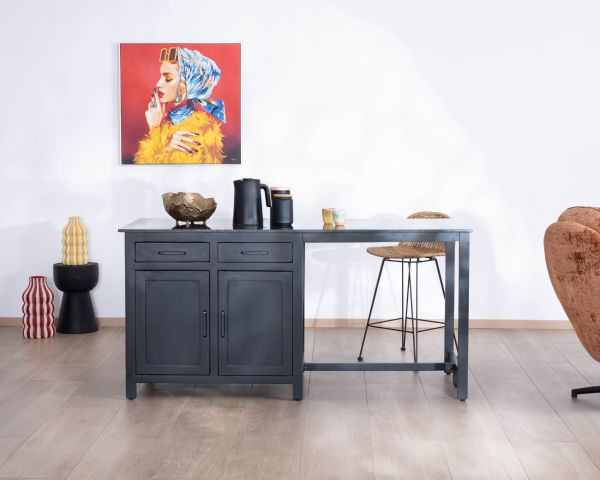 Isla de cocina negra con zona de comedor «Grand Chef» de madera de mango y granito