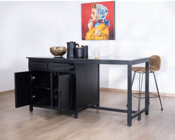 Isla de cocina negra con zona de comedor «Grand Chef» de madera de mango y granito