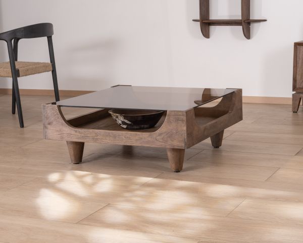 Mesa de centro cuadrada de diseño vintage en madera de mango con tablero de cristal «Slody»