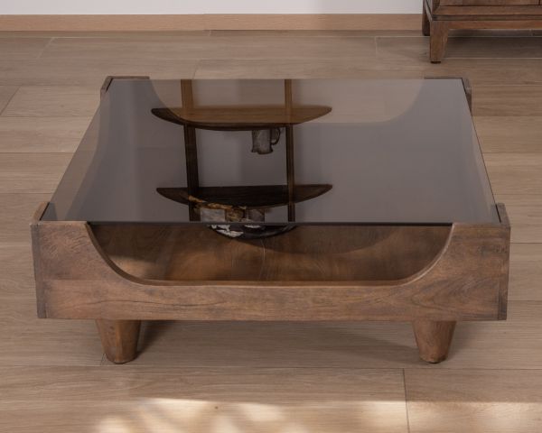 Mesa de centro cuadrada de diseño vintage en madera de mango con tablero de cristal «Slody»
