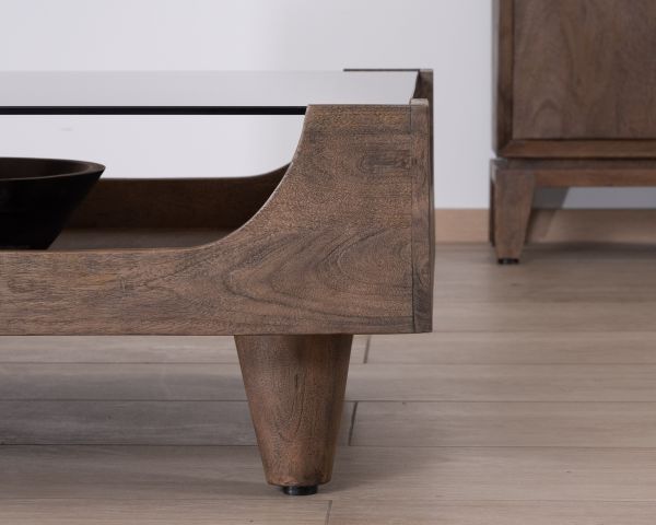 Mesa de centro cuadrada de diseño vintage en madera de mango con tablero de cristal «Slody»