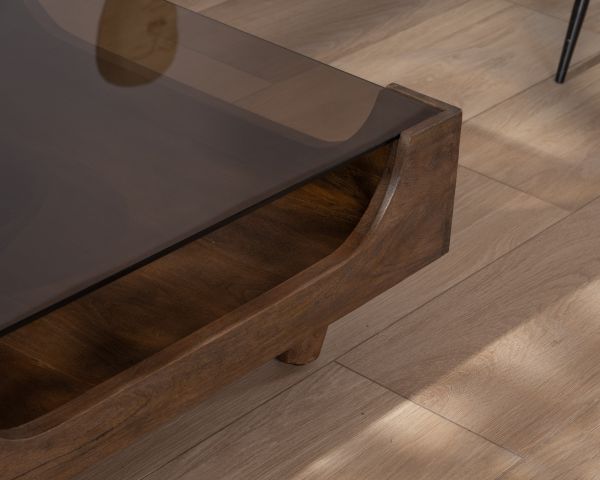 Mesa de centro cuadrada de diseño vintage en madera de mango con tablero de cristal «Slody»