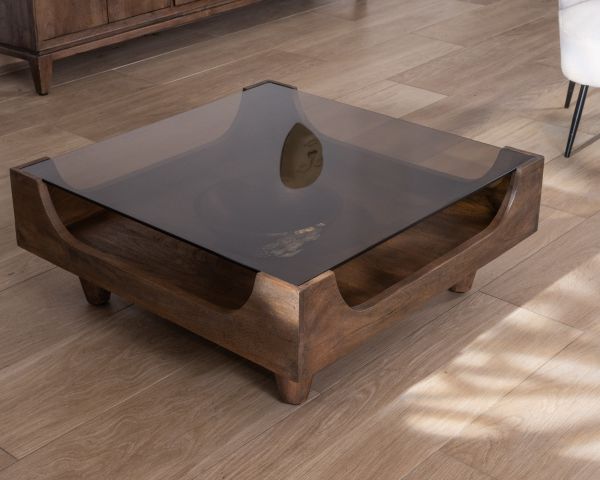 Mesa de centro cuadrada de diseño vintage en madera de mango con tablero de cristal «Slody»