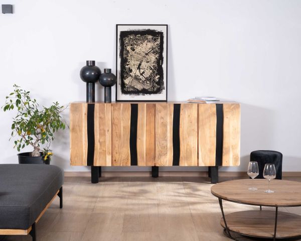 Gran aparador de diseño de 190 cm, de madera maciza de acacia y metal negro «Zen Black»