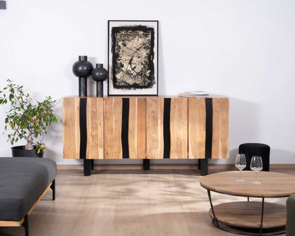Gran aparador de diseño de 190 cm, de madera maciza de acacia y metal negro «Zen Black»