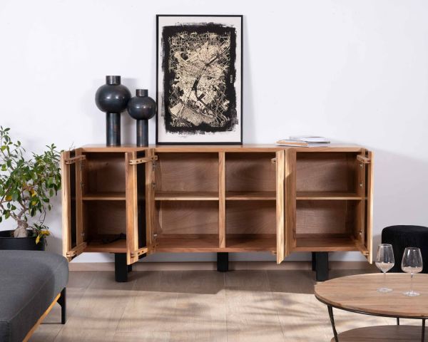 Gran aparador de diseño de 190 cm, de madera maciza de acacia y metal negro «Zen Black»