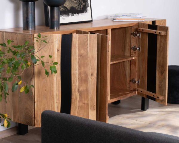 Gran aparador de diseño de 190 cm, de madera maciza de acacia y metal negro «Zen Black»