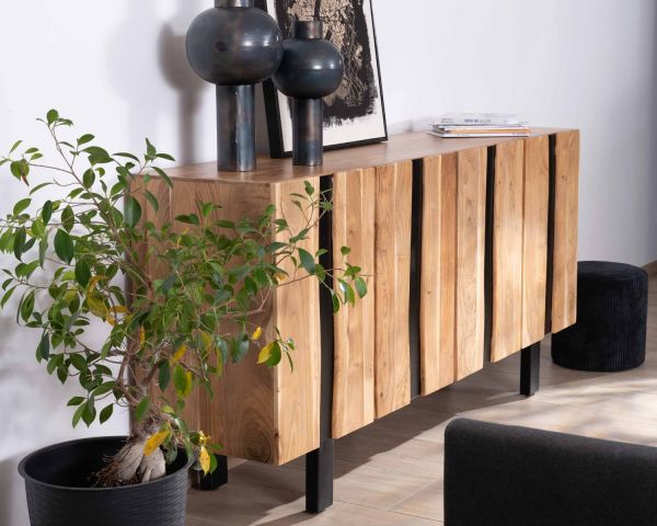 Gran aparador de diseño de 190 cm, de madera maciza de acacia y metal negro «Zen Black»