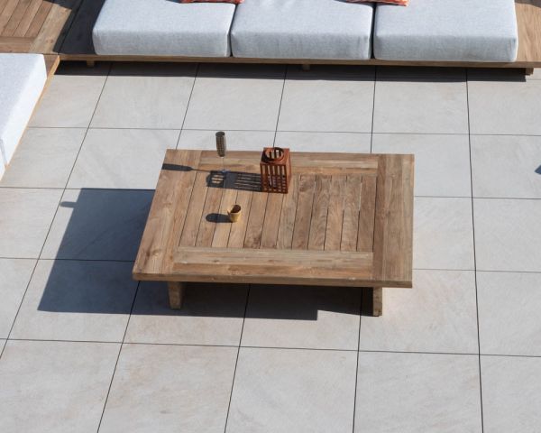 Gran mesa de centro de diseño «japandi» para exterior, de teca, modelo «Eclipse», 140 cm