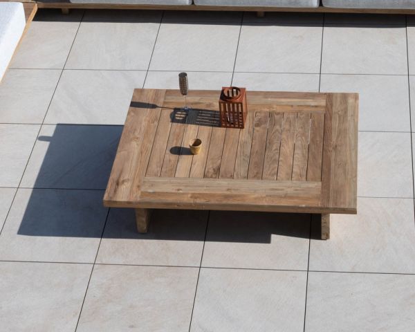 Gran mesa de centro de diseño «japandi» para exterior, de teca, modelo «Eclipse», 140 cm
