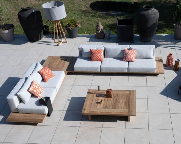 Gran mesa de centro de diseño «japandi» para exterior, de teca, modelo «Eclipse», 140 cm