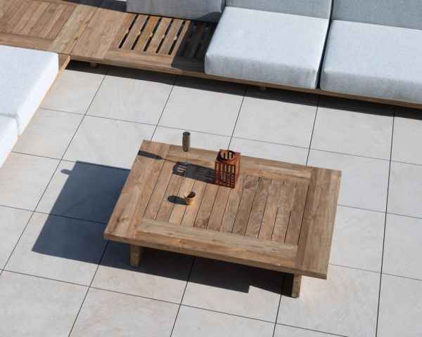Gran mesa de centro de diseño «japandi» para exterior, de teca, modelo «Eclipse», 140 cm