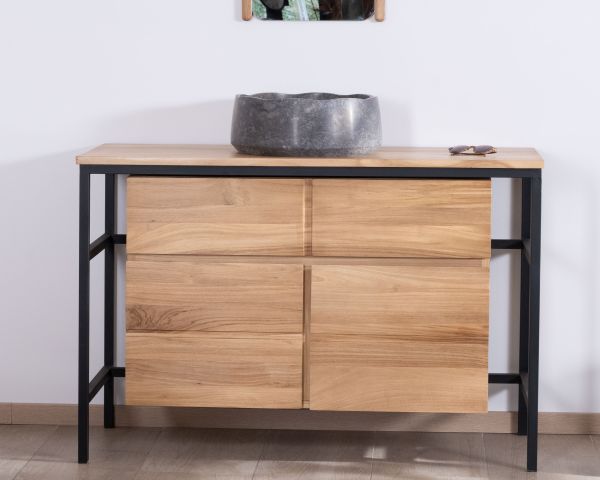 Mueble de baño contemporáneo de teca de 120 cm «Wavy» con base de diseño de metal
