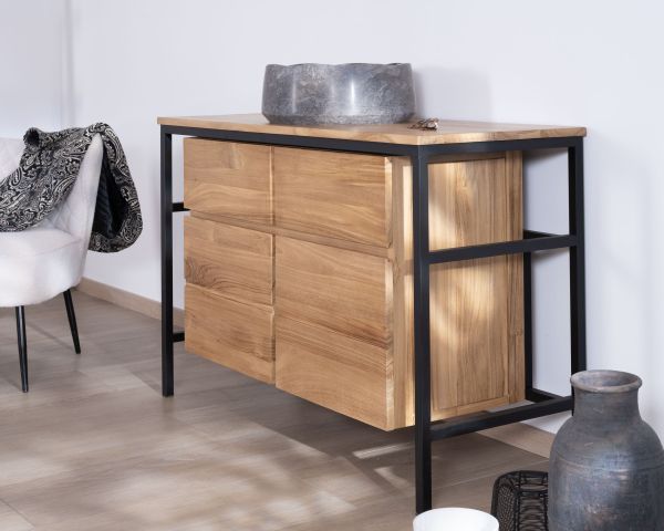 Mueble de baño contemporáneo de teca de 120 cm «Wavy» con base de diseño de metal