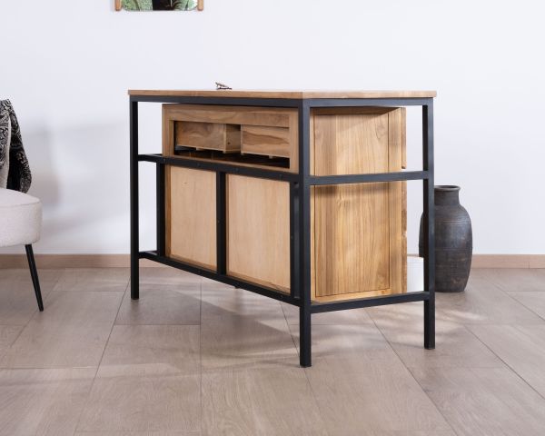 Mueble de baño contemporáneo de teca de 120 cm «Wavy» con base de diseño de metal