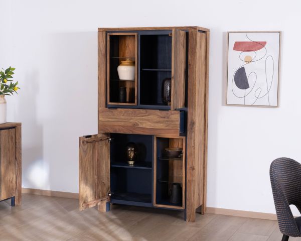 Jardinería con iluminación interior y estantes de cristal «Enoa», de palisandro y acacia