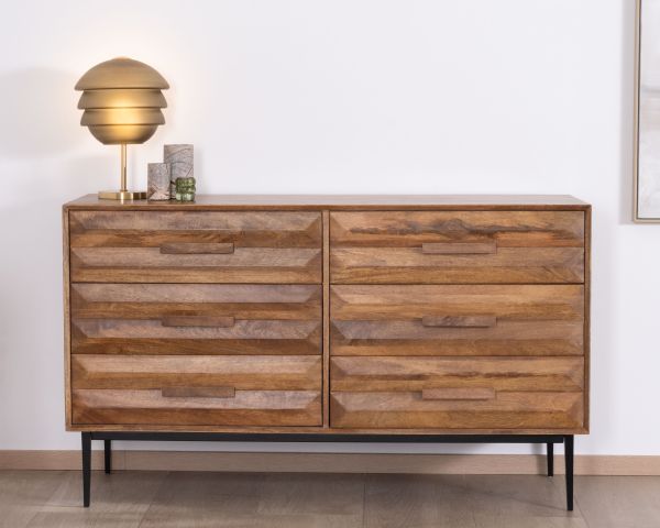 Cómoda de madera de mango con patas de metal de estilo retro «Presto», con 6 cajones de media anchura