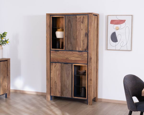 Jardinería con iluminación interior y estantes de cristal «Enoa», de palisandro y acacia