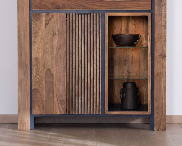 Jardinería con iluminación interior y estantes de cristal «Enoa», de palisandro y acacia