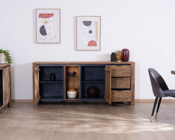 Aparador con múltiples compartimentos y estantes de cristal «Enoa», de palisandro y acacia, 200 cm 