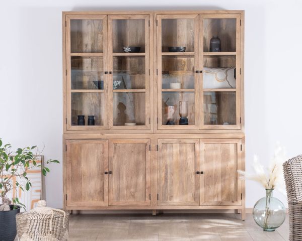 Gran aparador de madera de mango natural con puertas acristaladas «Maestro», 200 cm