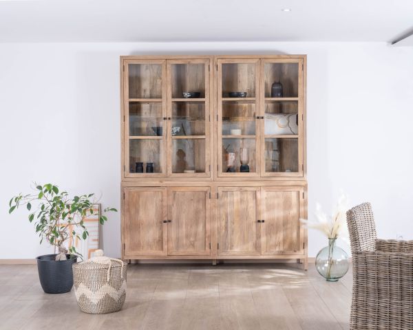 Gran aparador de madera de mango natural con puertas acristaladas «Maestro», 200 cm