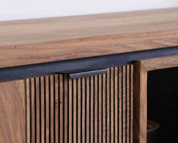 Aparador con múltiples compartimentos y estantes de cristal «Enoa», de palisandro y acacia, 200 cm 