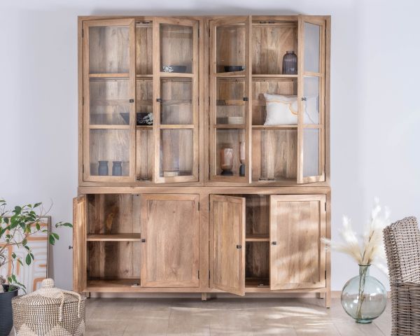 Gran aparador de madera de mango natural con puertas acristaladas «Maestro», 200 cm
