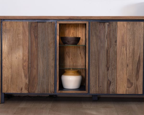 Aparador con múltiples compartimentos y estantes de cristal «Enoa», de palisandro y acacia, 200 cm 