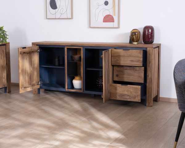 Aparador con múltiples compartimentos y estantes de cristal «Enoa», de palisandro y acacia, 200 cm 