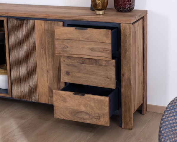 Aparador con múltiples compartimentos y estantes de cristal «Enoa», de palisandro y acacia, 200 cm 