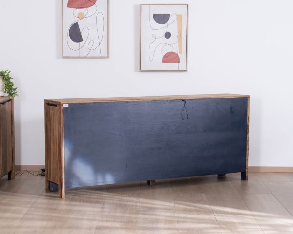 Aparador con múltiples compartimentos y estantes de cristal «Enoa», de palisandro y acacia, 200 cm 
