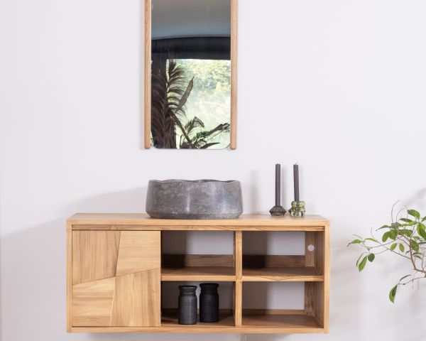 Mueble bajo lavabo suspendido de teca con puertas correderas «Tao», 105 cm