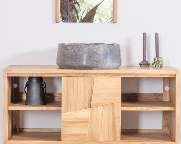 Mueble bajo lavabo suspendido de teca con puertas correderas «Tao», 105 cm