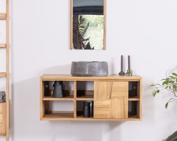 Mueble bajo lavabo suspendido de teca con puertas correderas «Tao», 105 cm