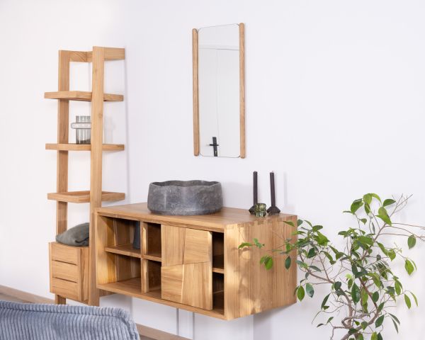Mueble bajo lavabo suspendido de teca con puertas correderas «Tao», 105 cm