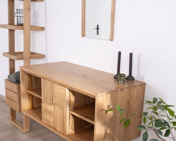 Mueble bajo lavabo suspendido de teca con puertas correderas «Tao», 105 cm