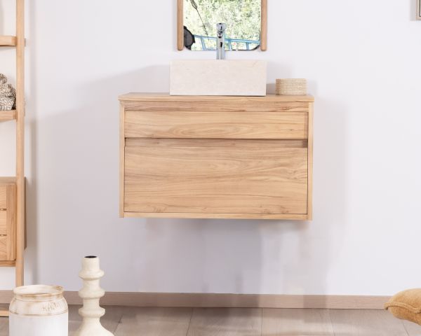 Mueble suspendido para lavabo de 80 cm con 1 cajón «Bowdy» de teca maciza