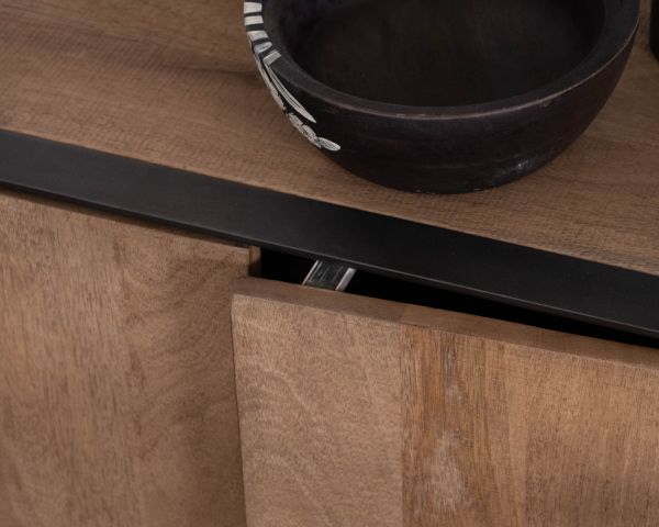 Gran mueble de televisión de 180 cm de madera de mango, estilo minimalista «Santo», con puertas y cajones