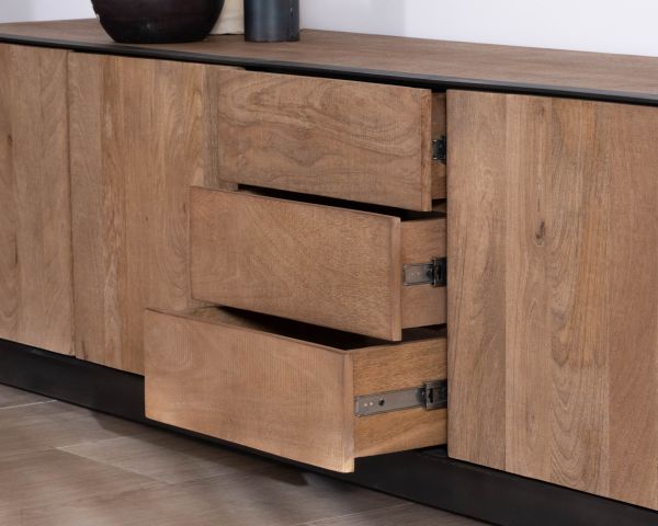 Gran mueble de televisión de 180 cm de madera de mango, estilo minimalista «Santo», con puertas y cajones