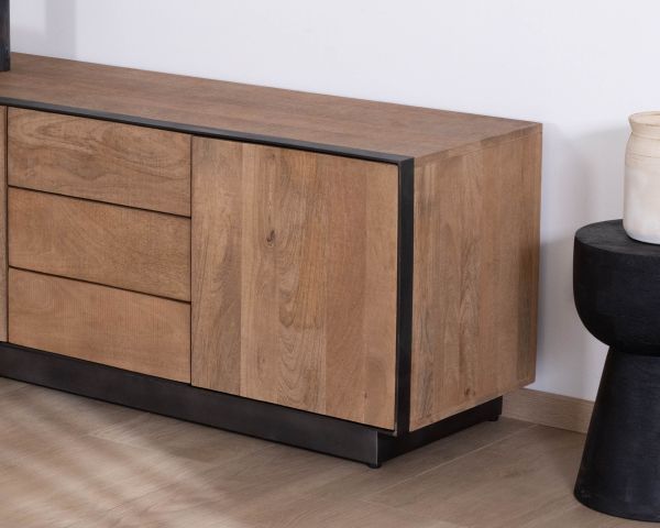 Gran mueble de televisión de 180 cm de madera de mango, estilo minimalista «Santo», con puertas y cajones