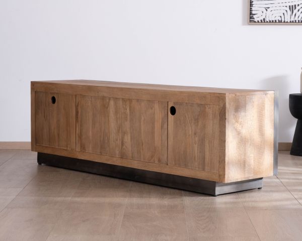 Gran mueble de televisión de 180 cm de madera de mango, estilo minimalista «Santo», con puertas y cajones