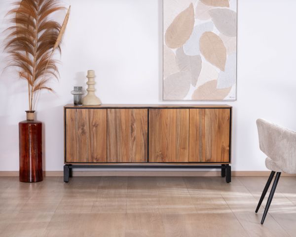 Aparador contemporáneo de 4 puertas en teca natural y metal negro «Olonie»