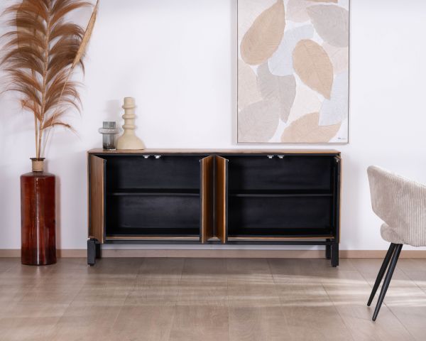 Aparador contemporáneo de 4 puertas en teca natural y metal negro «Olonie»