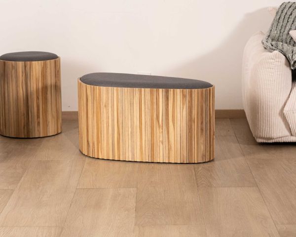 Pequeño banco de madera de teca reciclada y tela gris «Foster»