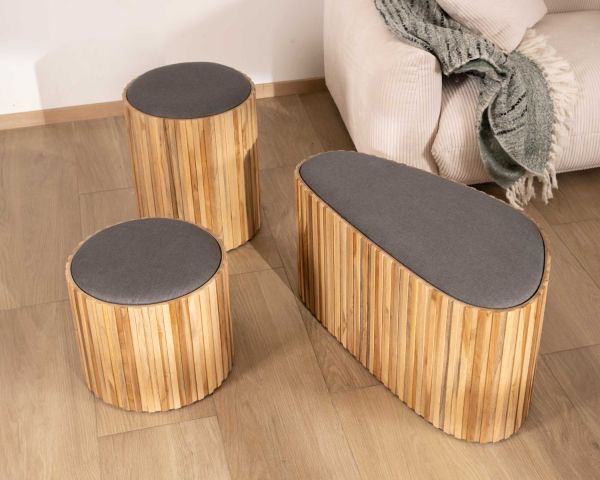 Pequeño banco de madera de teca reciclada y tela gris «Foster»