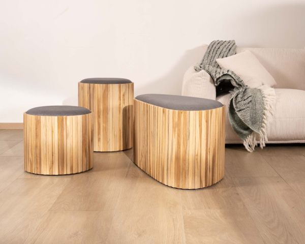 Pequeño banco de madera de teca reciclada y tela gris «Foster»