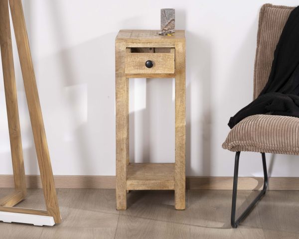 Mesita de noche alta o con repisa y un cajón «Manoha» de madera de mango, 70 cm de altura