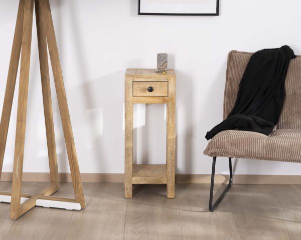 Mesita de noche alta o con repisa y un cajón «Manoha» de madera de mango, 70 cm de altura